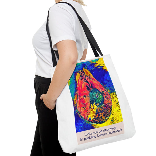Tote bag with image of a bejeweled duck in bright colours paddling